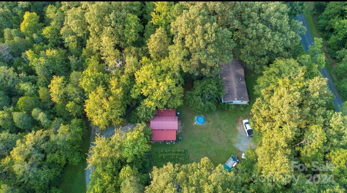 a bird view of red house