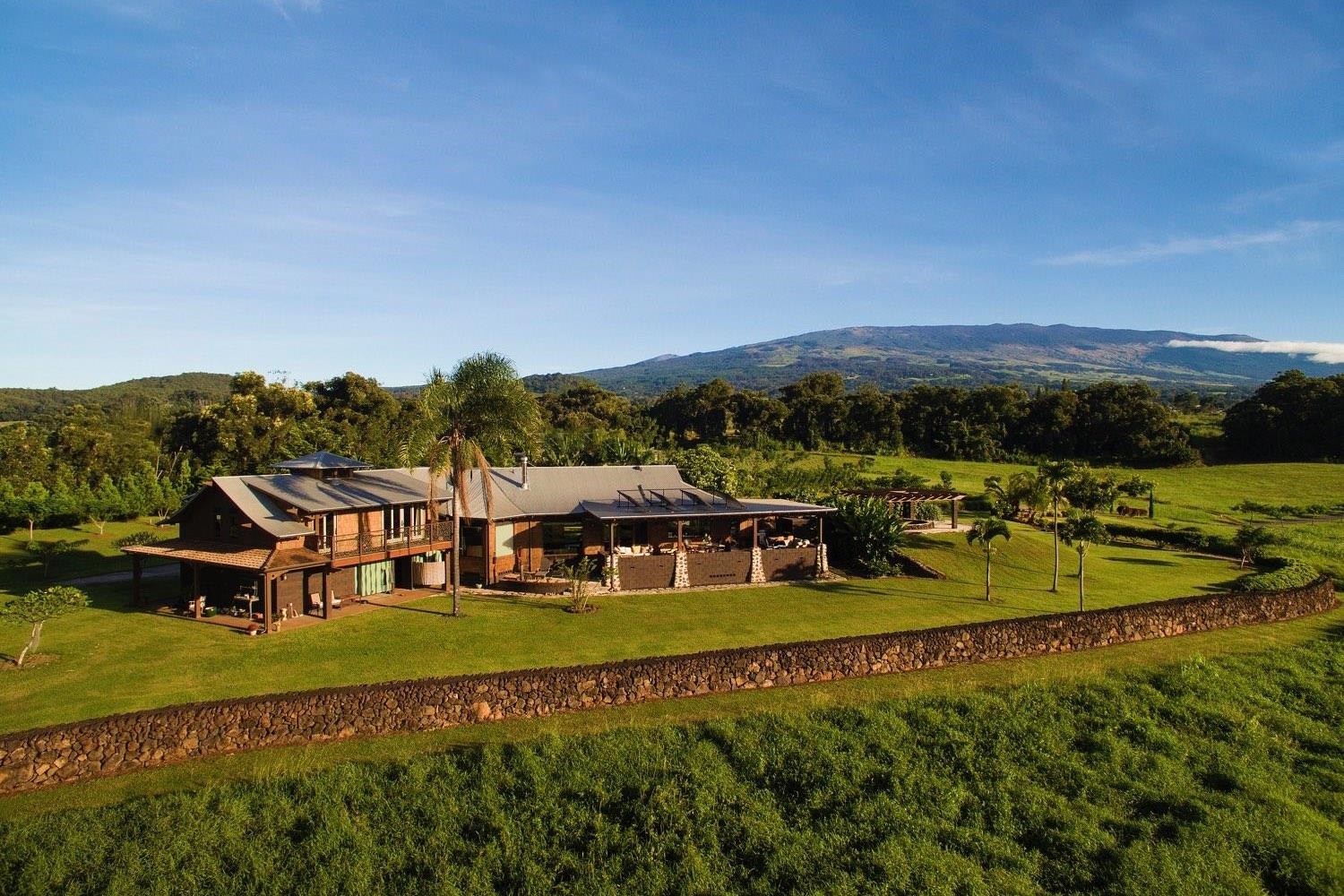 an aerial view of residential houses with outdoor space and trees