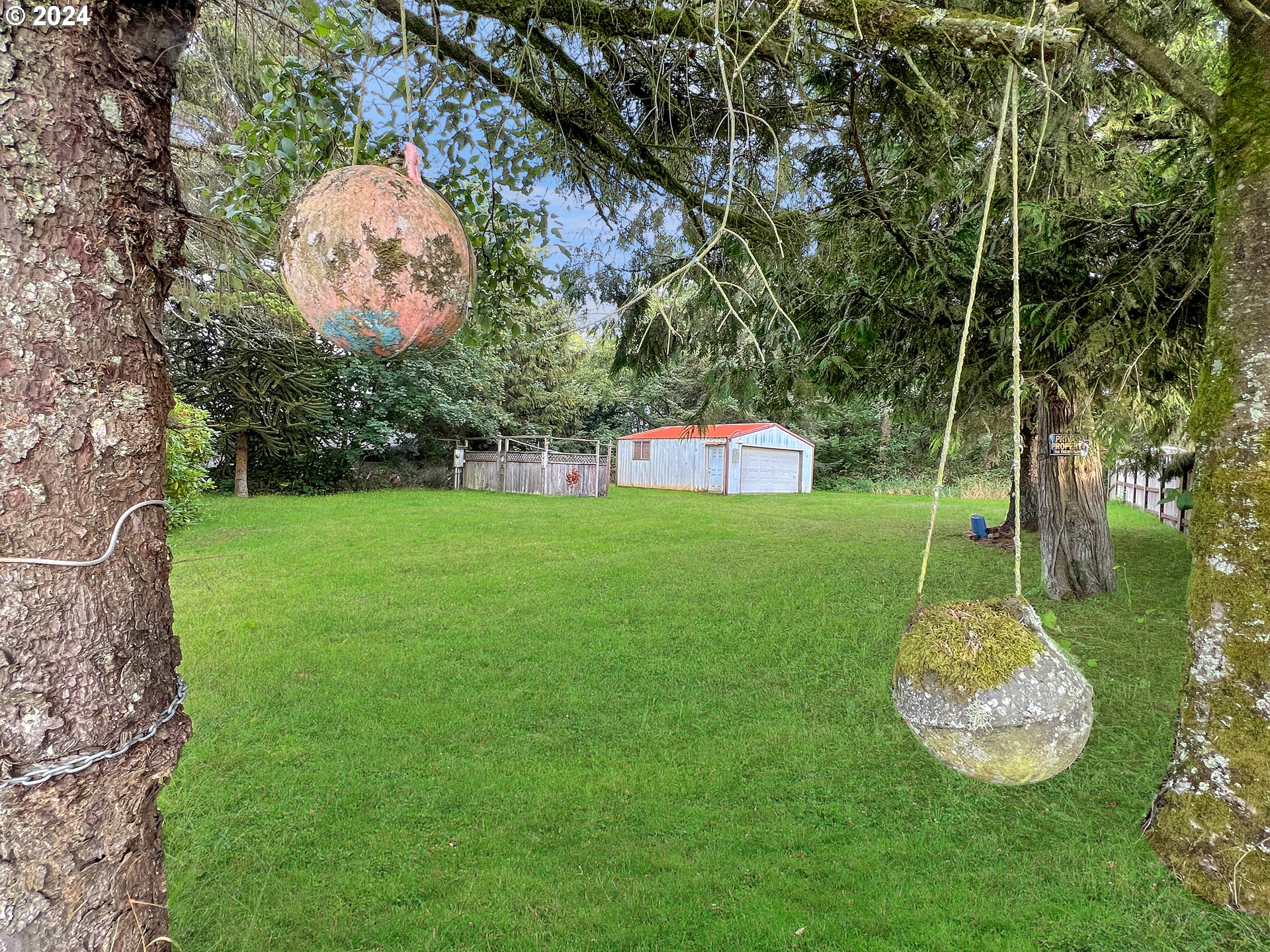 a view of a garden with a fountain