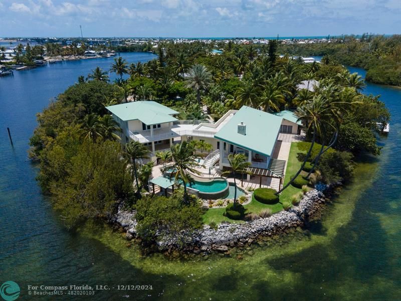 an aerial view of a house with garden space and lake view