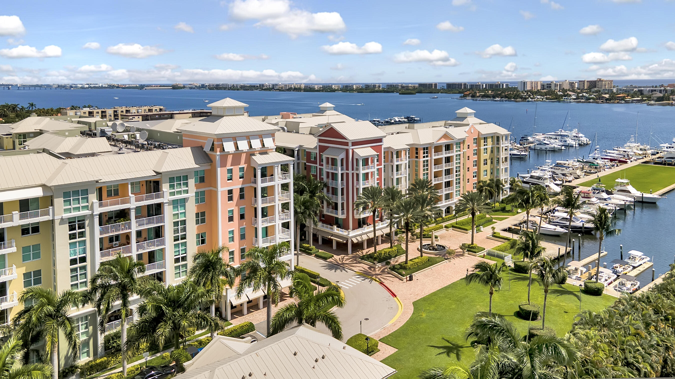 a view of a lake with building