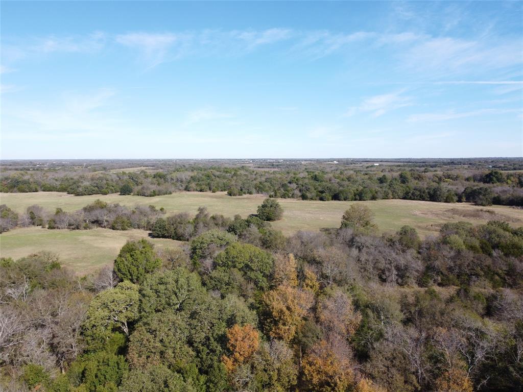 an aerial view of field with trees