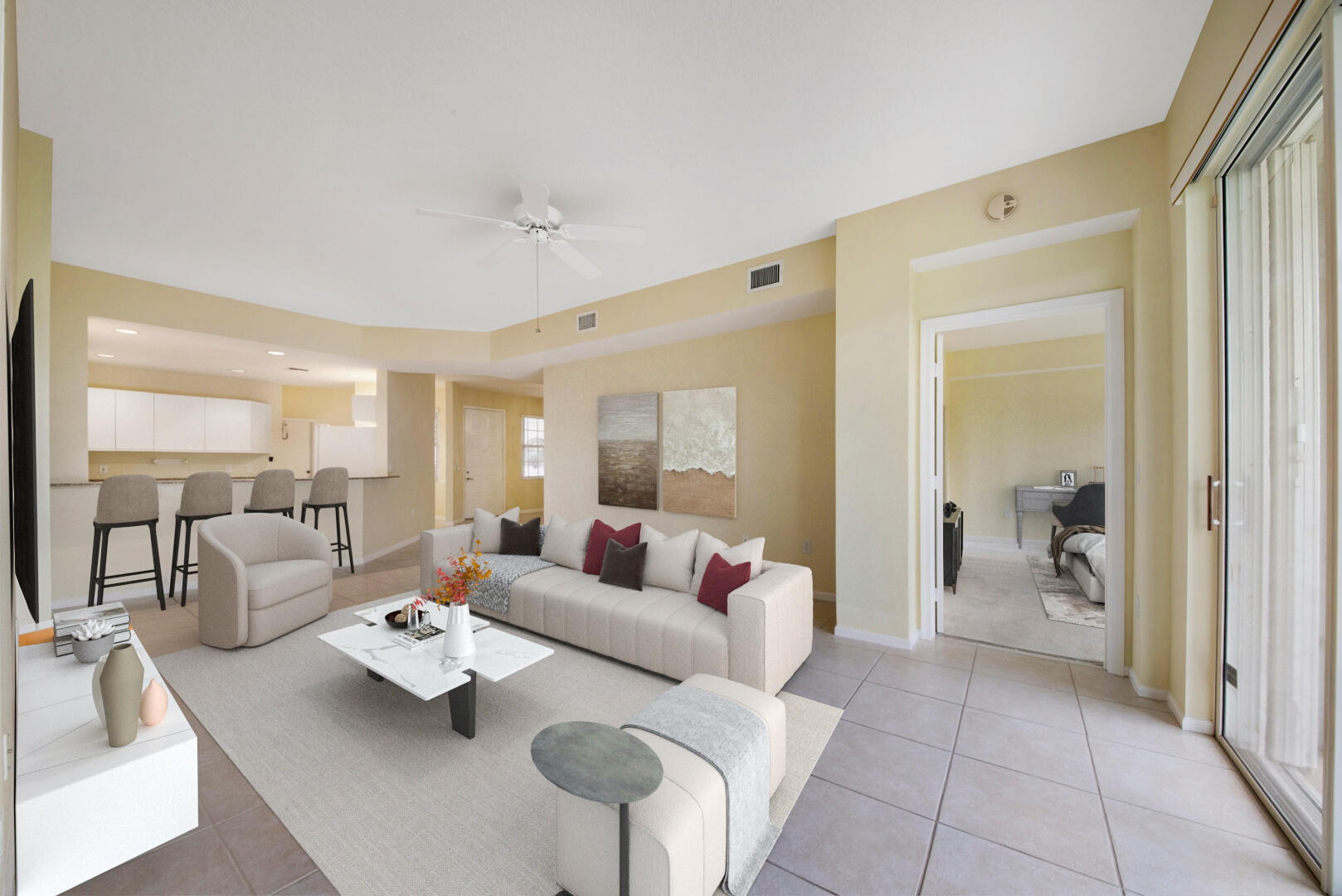 a living room with furniture and a table