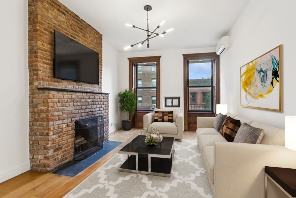 a living room with furniture fireplace and flat screen tv