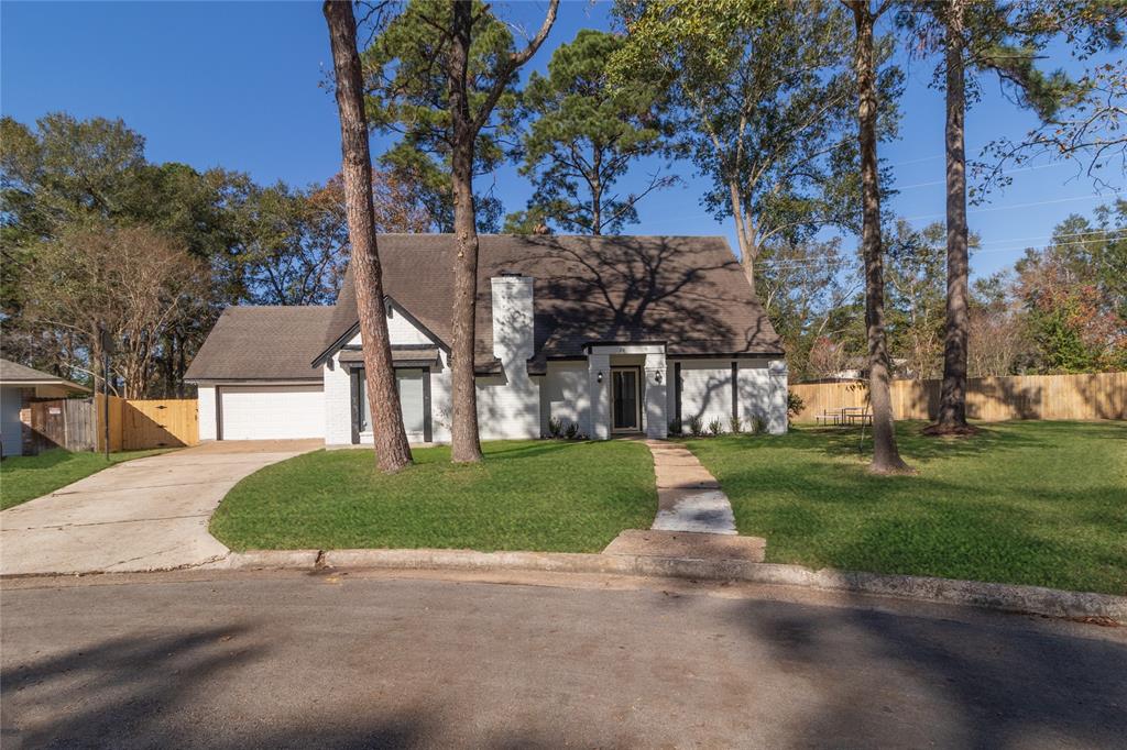 a view of a house with a yard and large tree