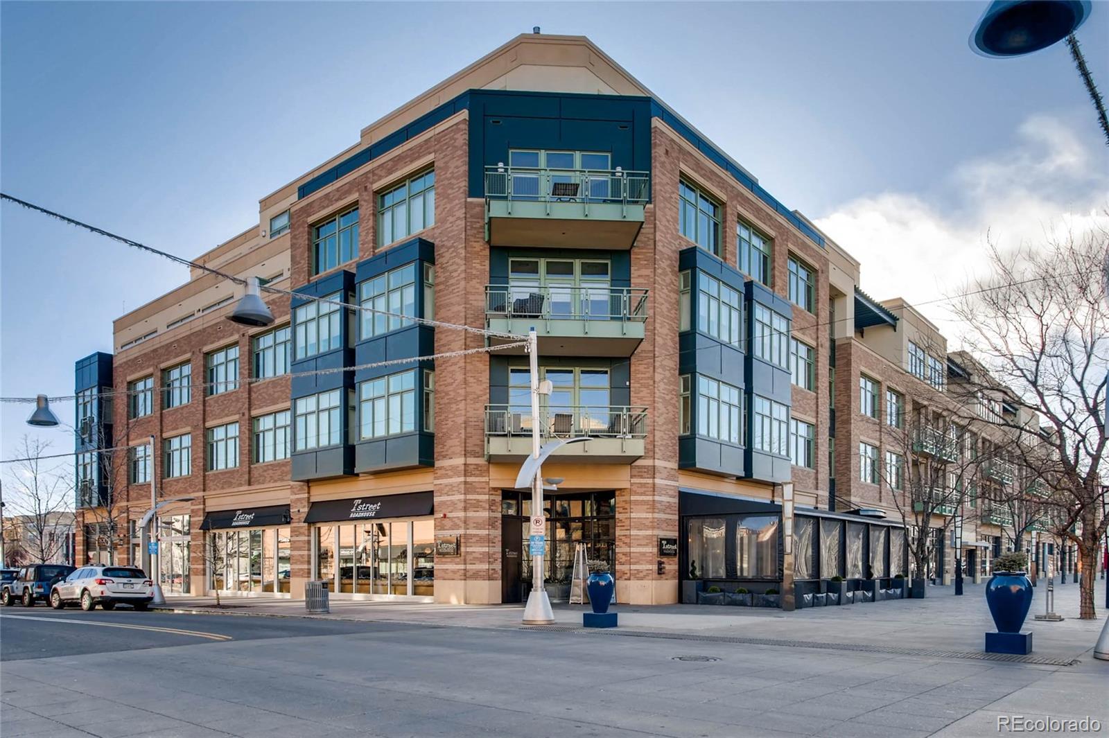 a front view of a building with a street