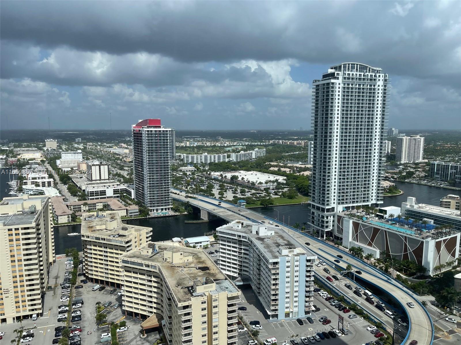 a city view with tall buildings