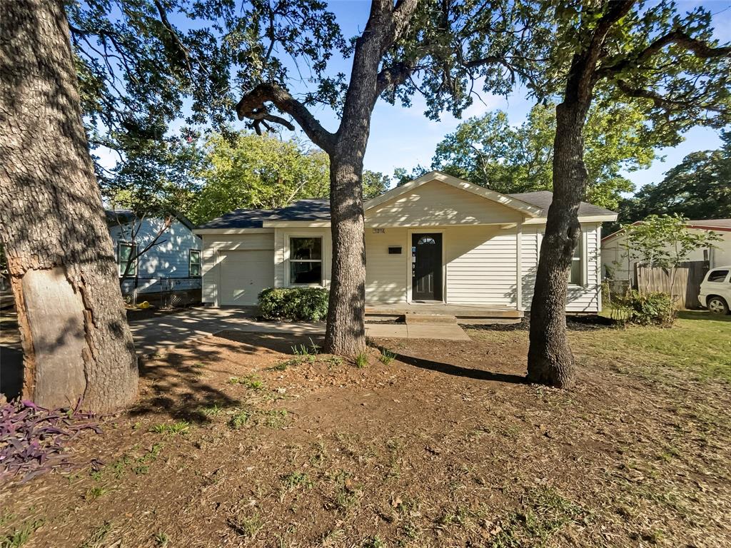 a view of a house with backyard and a tree