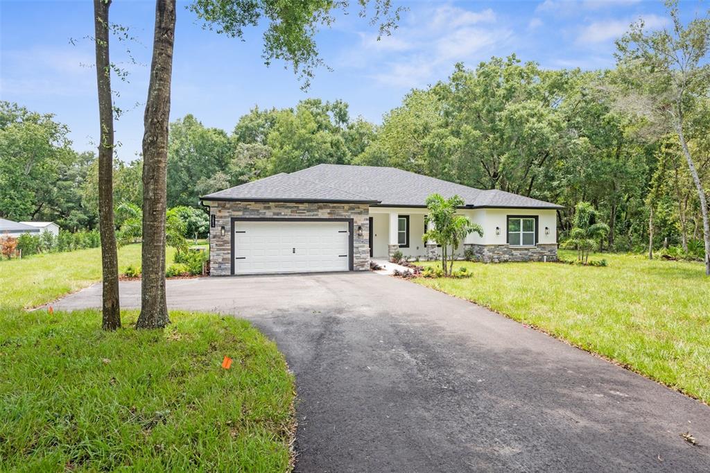 a front view of a house with yard and green space