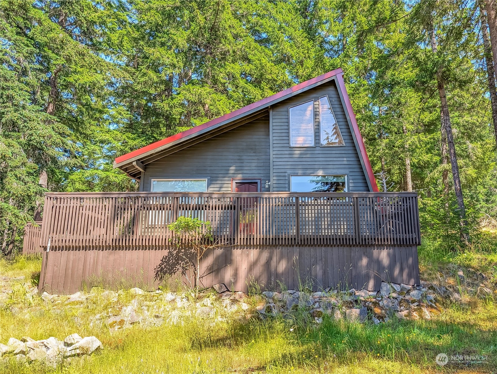 a view of backyard with wooden fence and large trees