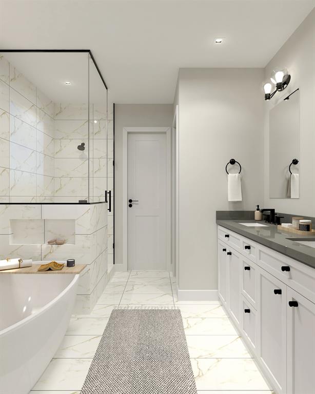 a bathroom with a double vanity sink a large mirror and shower