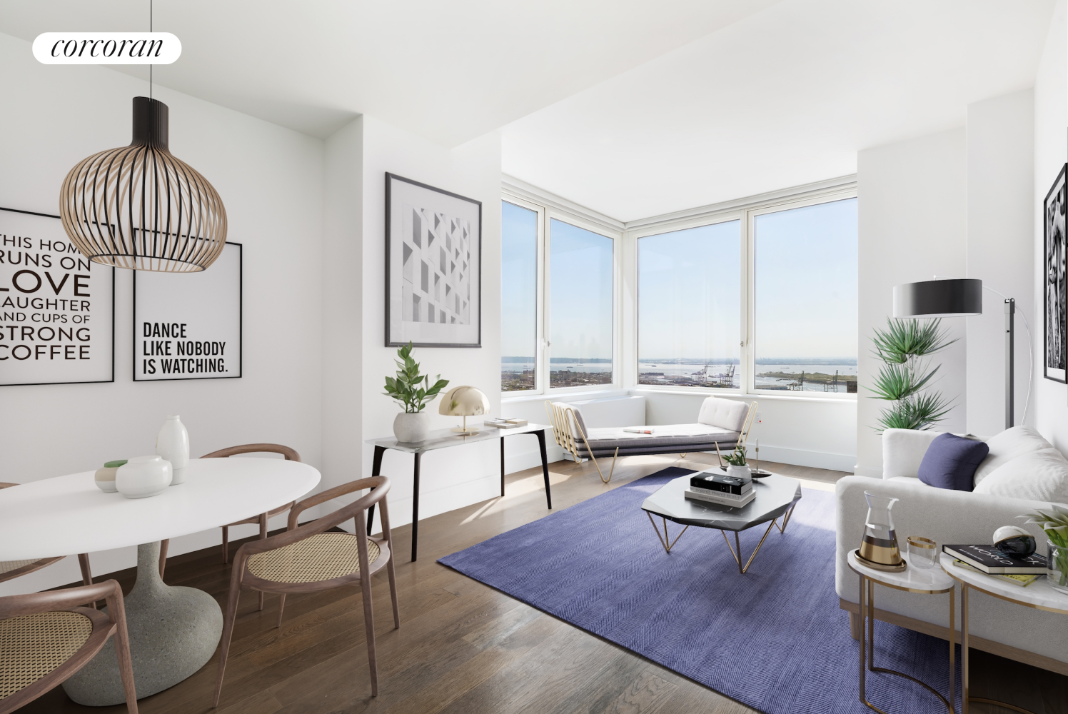 a living room with furniture a table and a potted plant