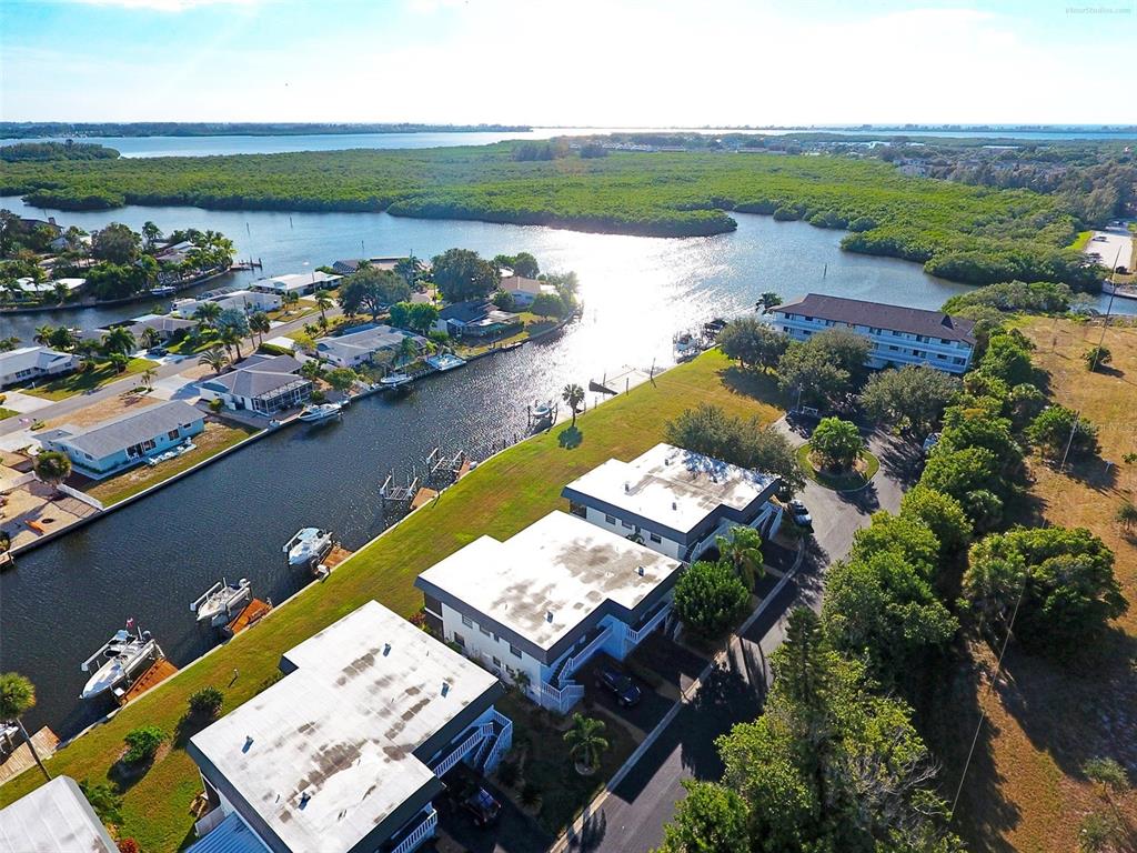 an aerial view of a house with a lake view