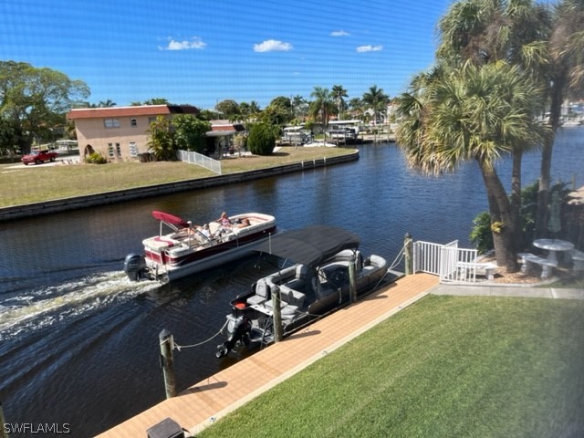 a view of a lake with a patio