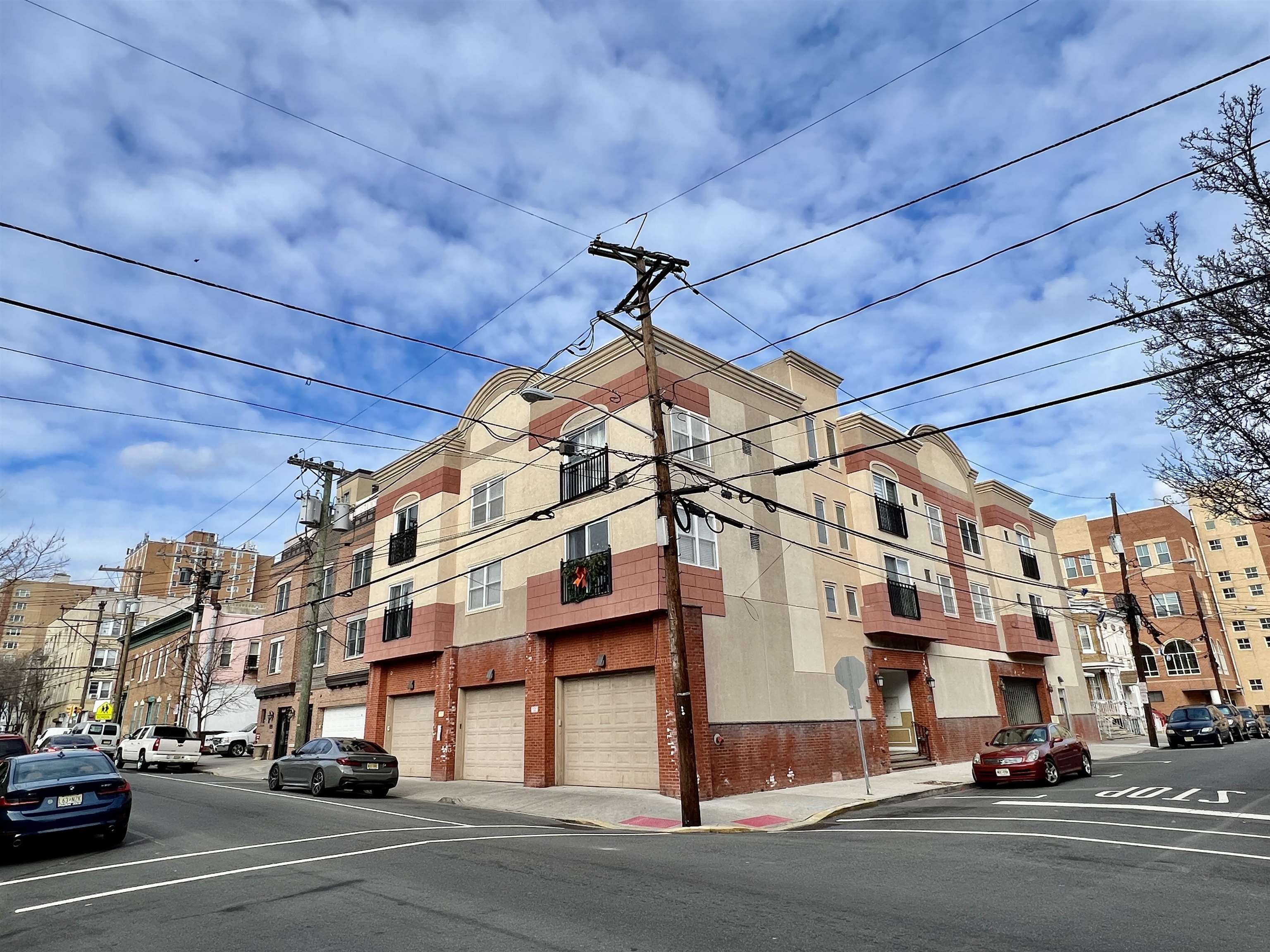 a view of a building and a street