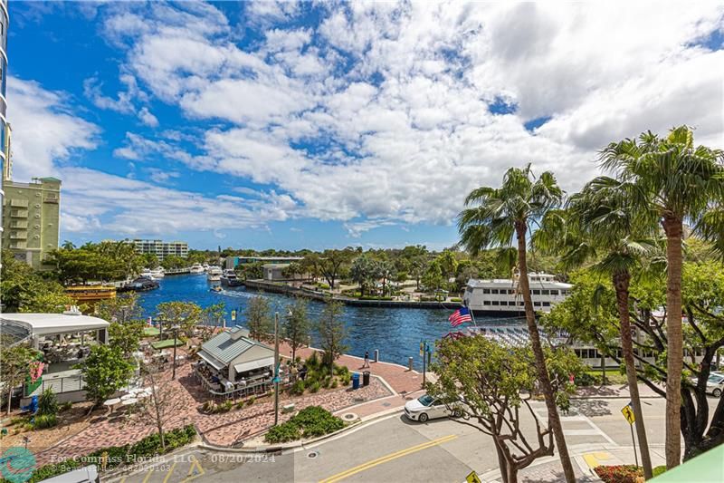 a lake view with boat and palm trees