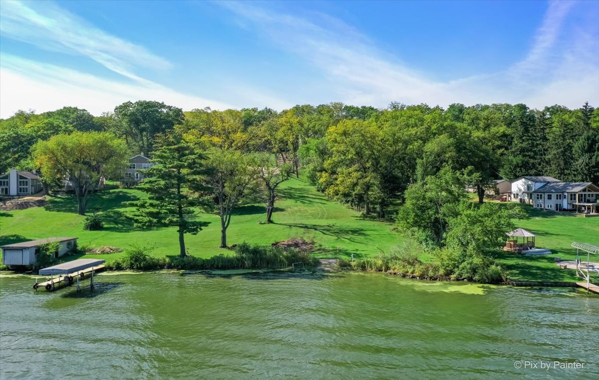 a view of a garden with a bench in a park