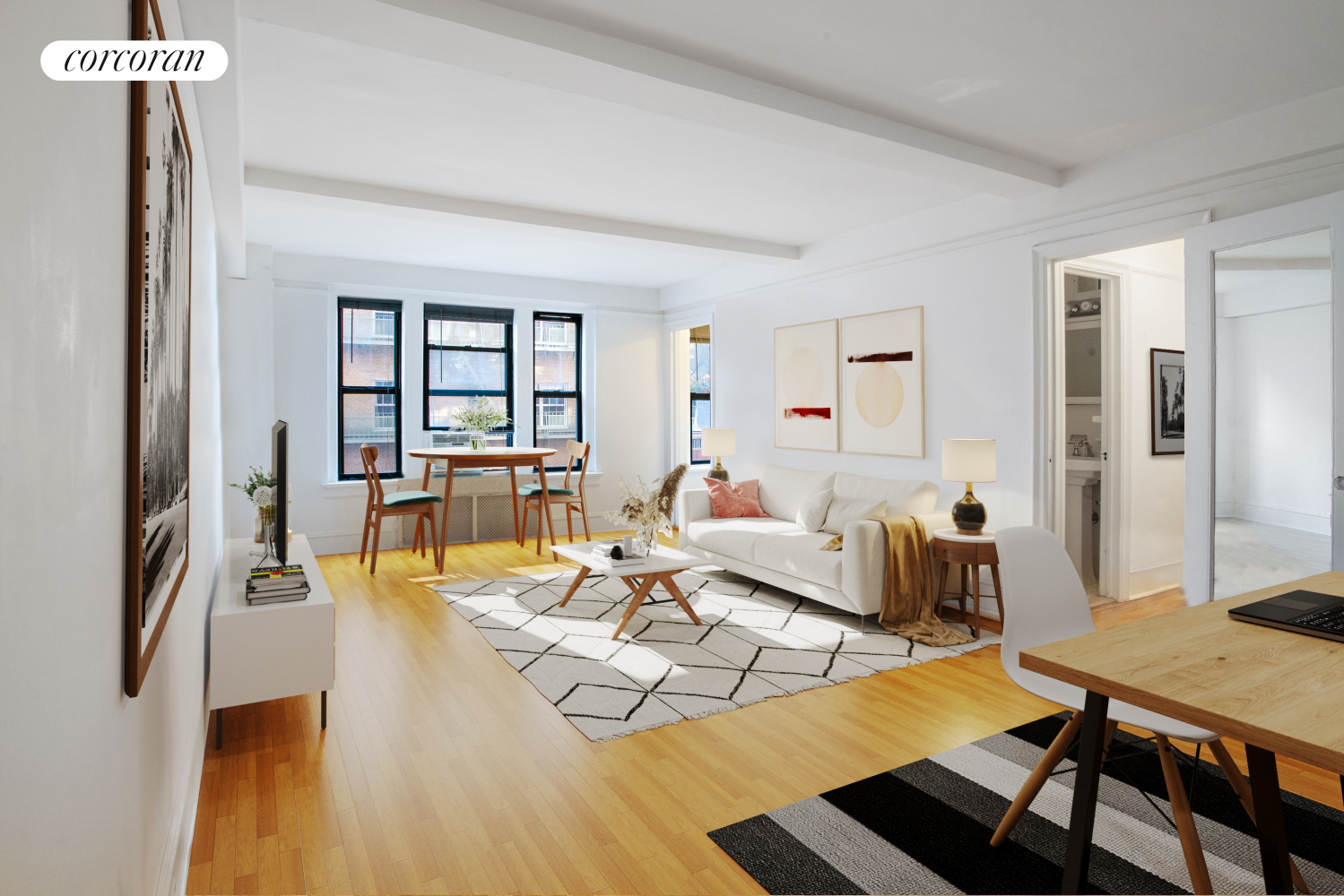 a living room with fireplace furniture and a table