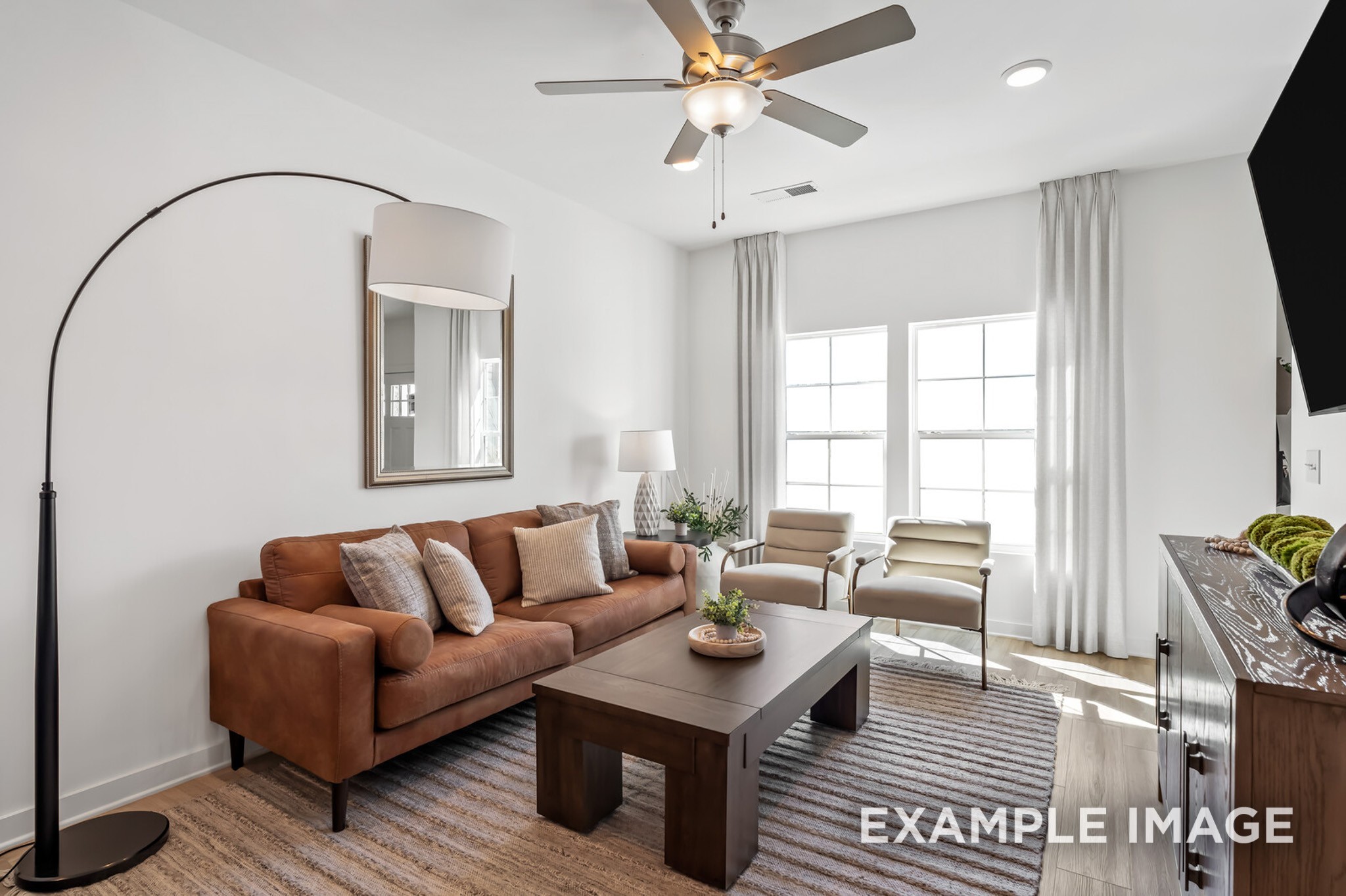 a living room with furniture and a potted plant