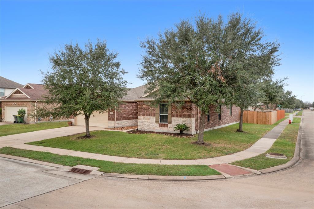 a view of a house with a big yard plants and large trees