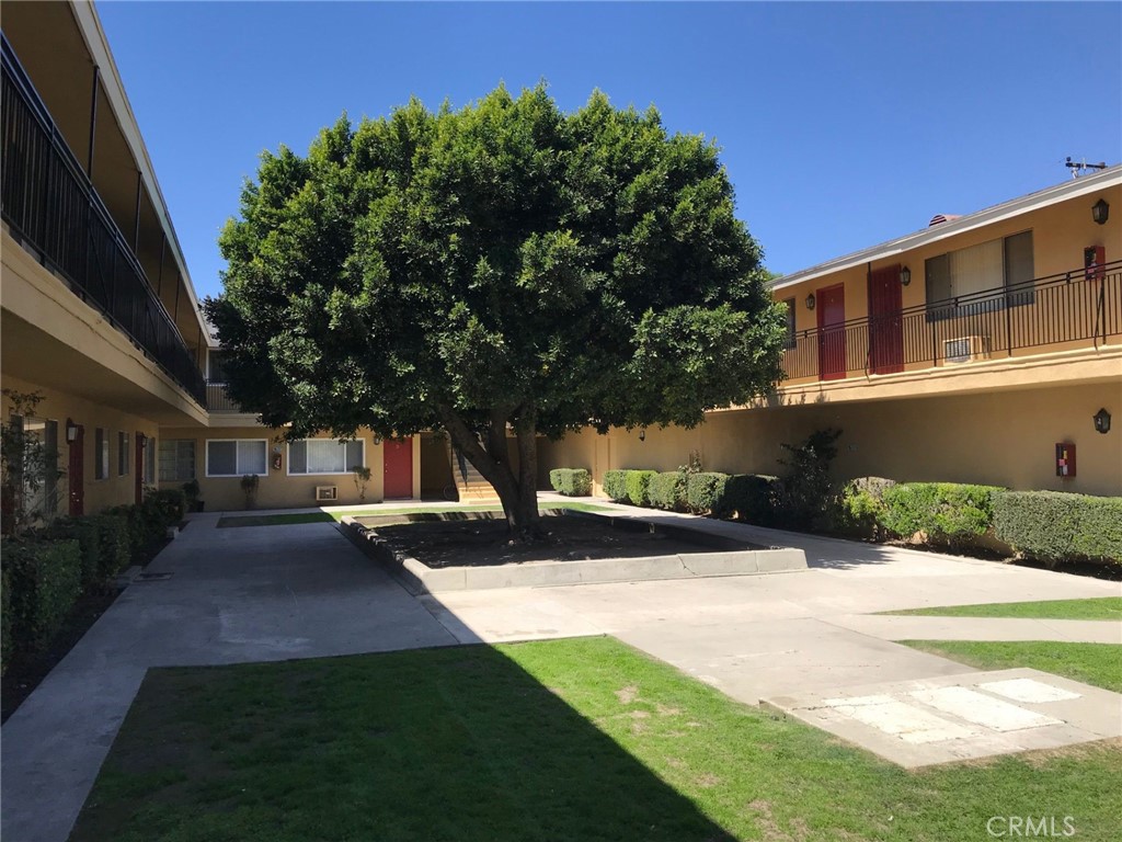 a view of a house with backyard and tree s