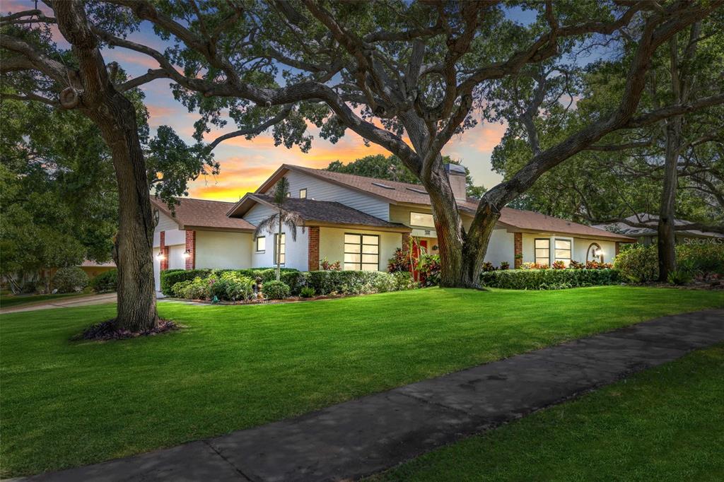 a view of house in front of a big yard with large trees