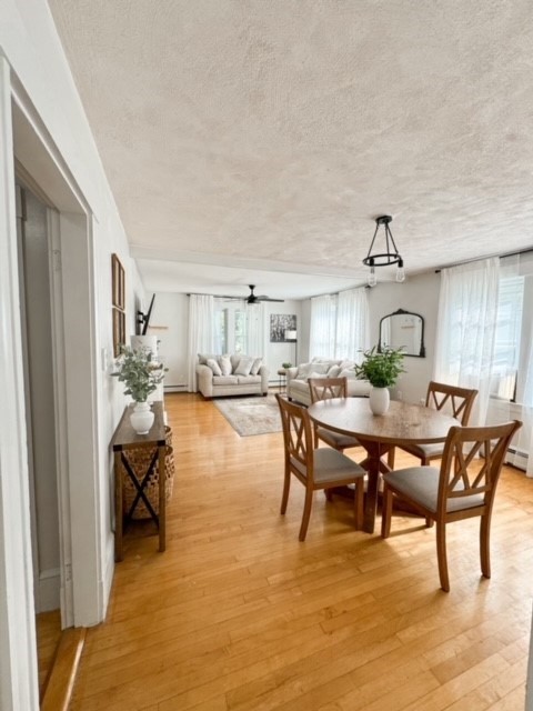 a view of a dining room with furniture