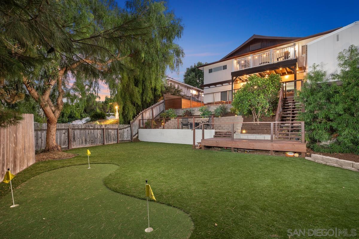 a garden view with a seating space