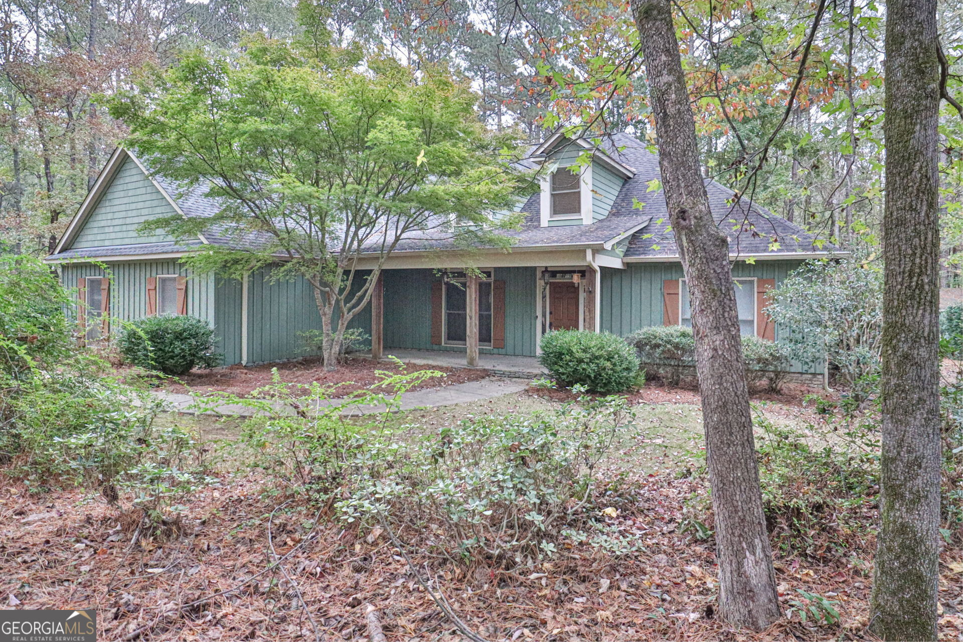 a front view of a house with yard and green space