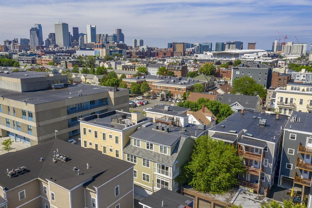 a city view with tall buildings