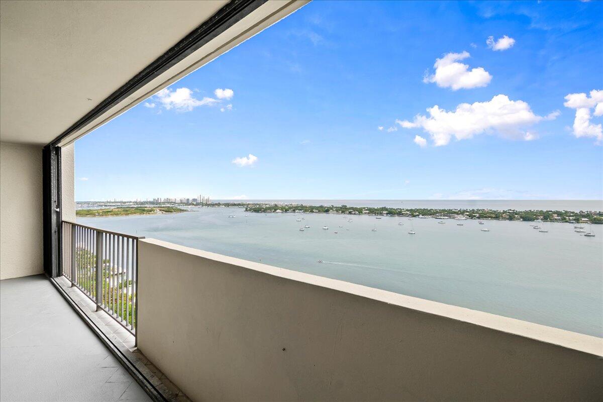 a view of lake from a balcony