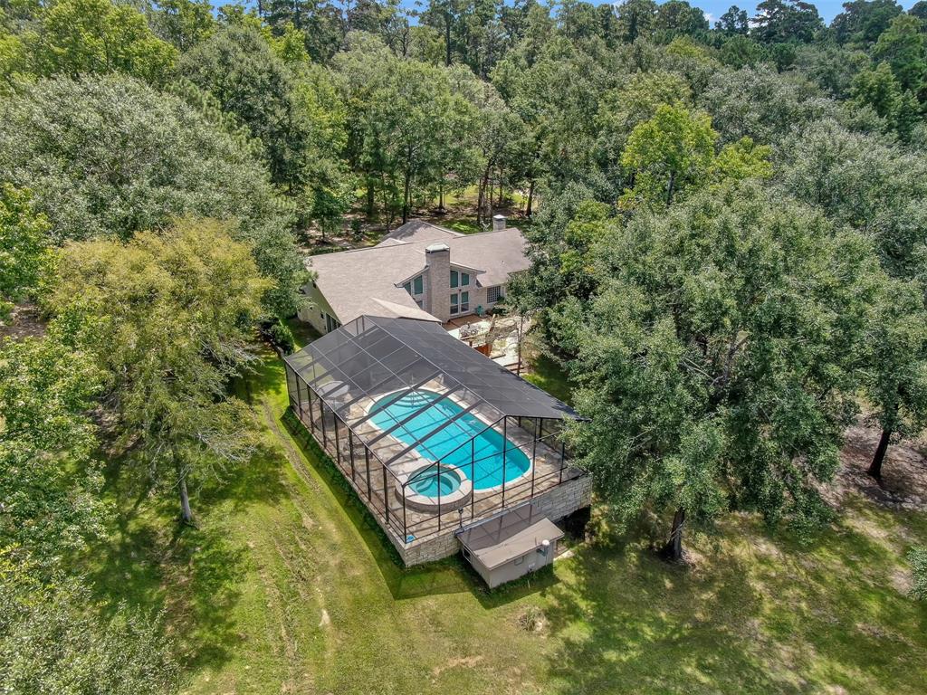 Aerial shot of the main house and pool