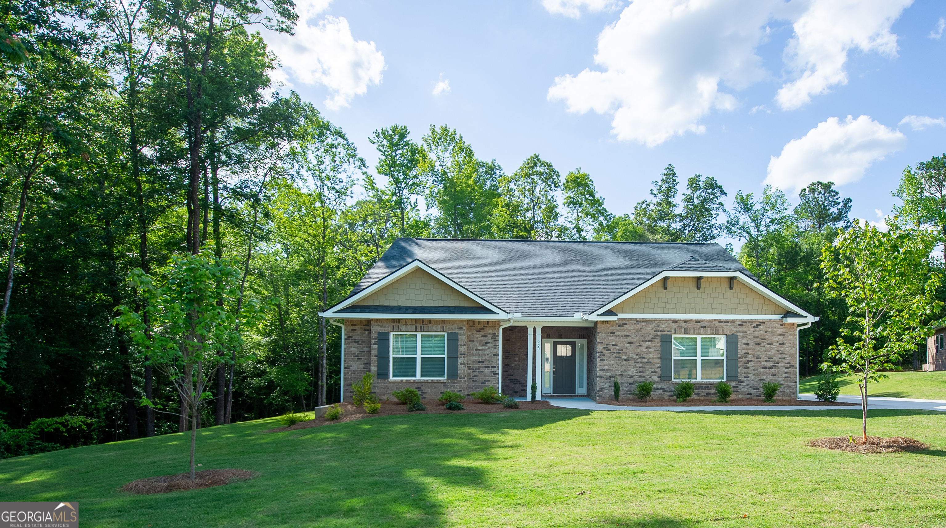 a front view of a house with a yard and trees