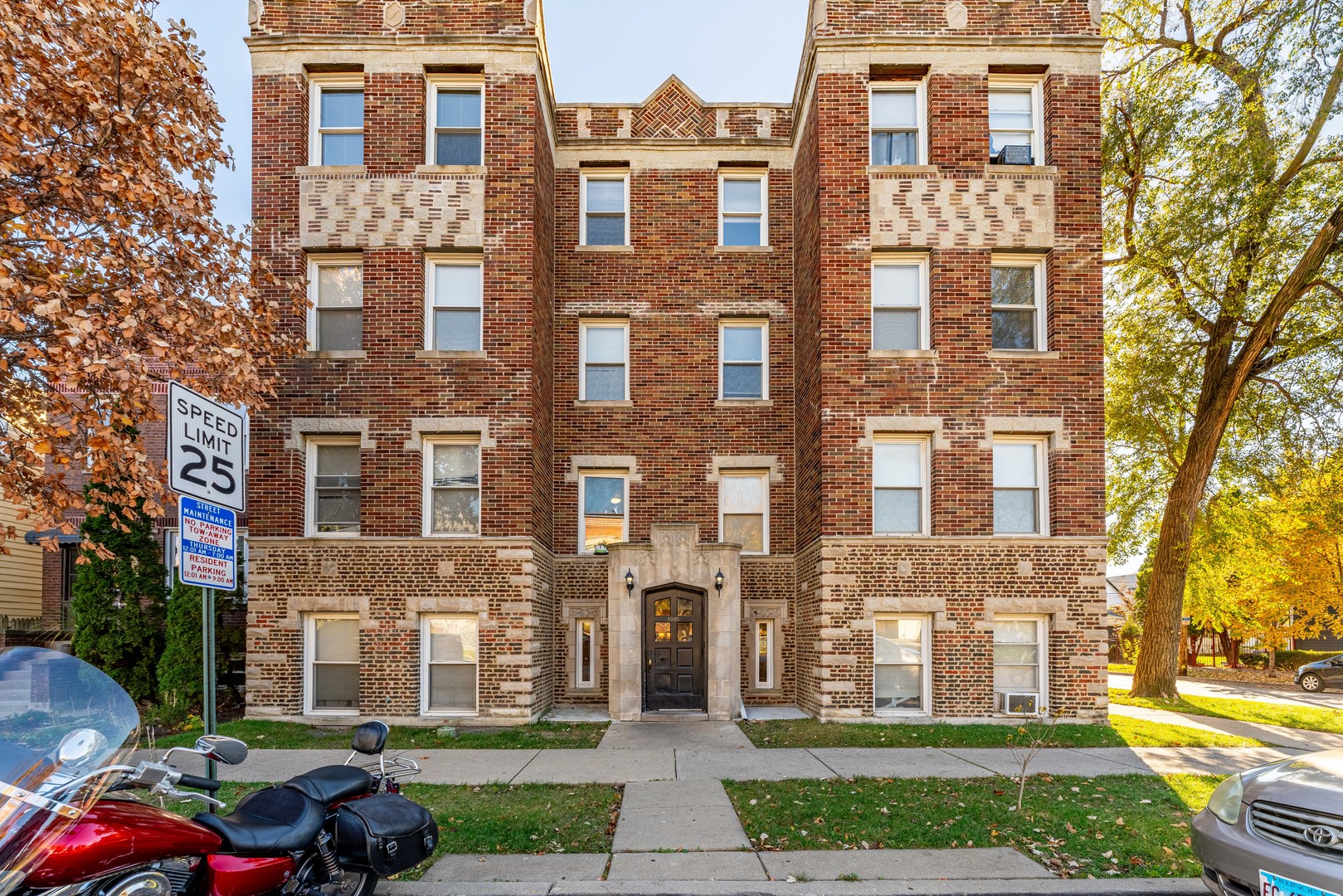 a front view of a brick building