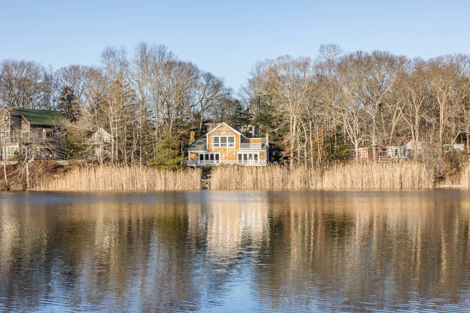 a view of a lake with houses