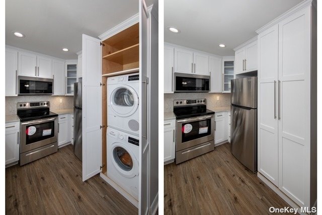 a kitchen with refrigerator a microwave and cabinets