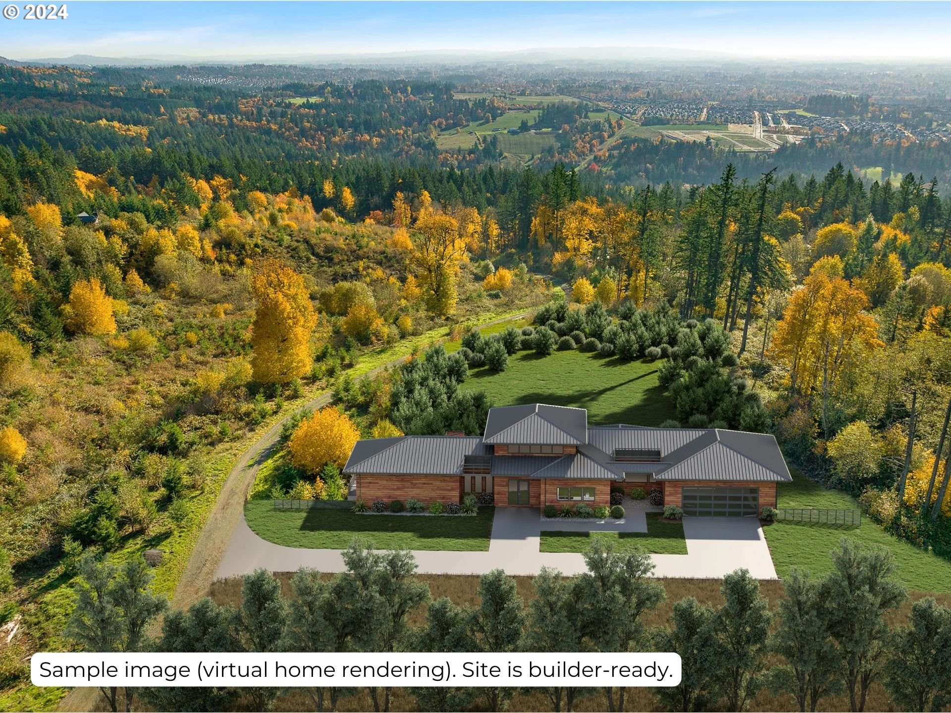 an aerial view of residential houses with outdoor space and trees