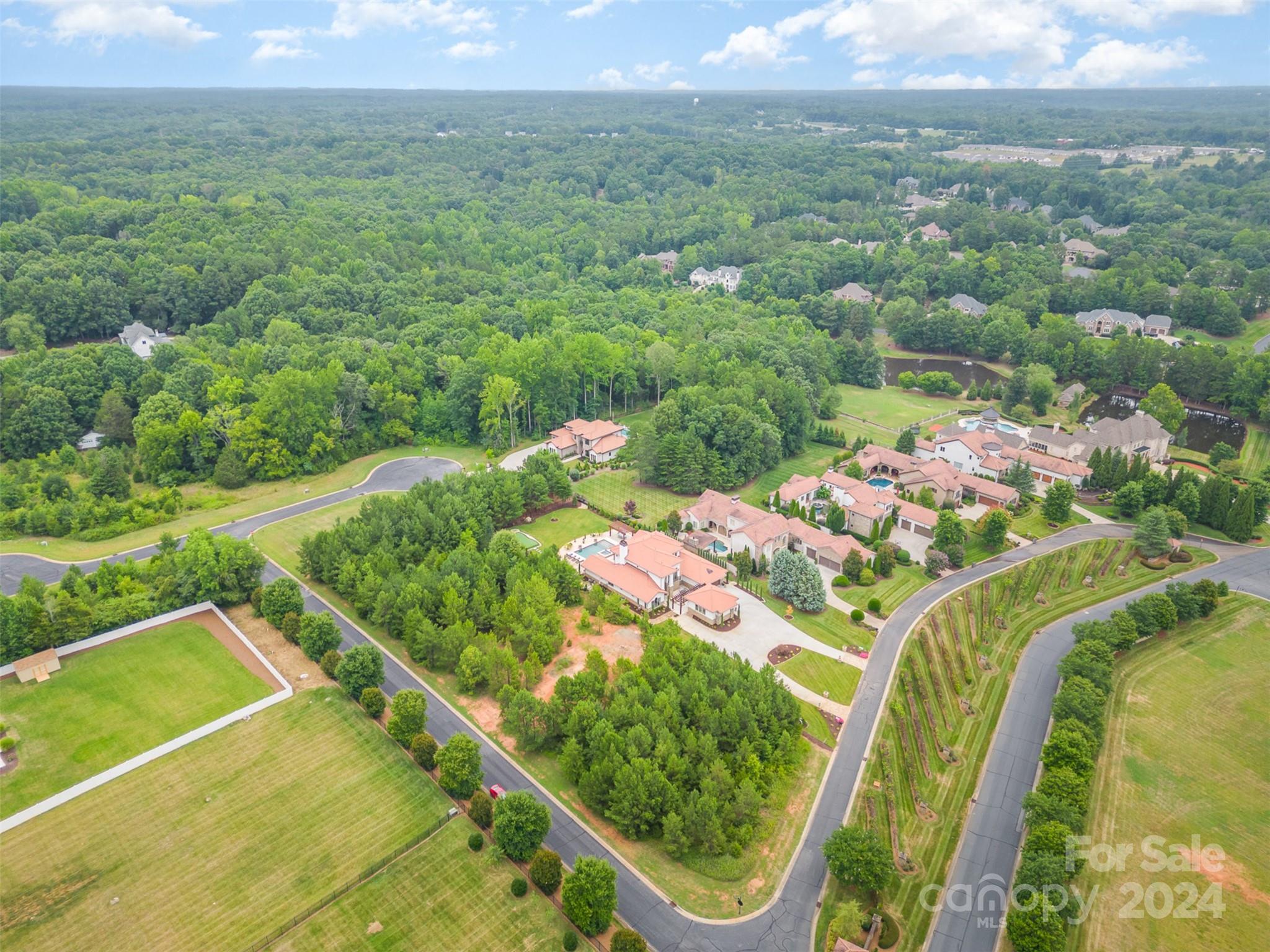 a view of a city with lush green forest