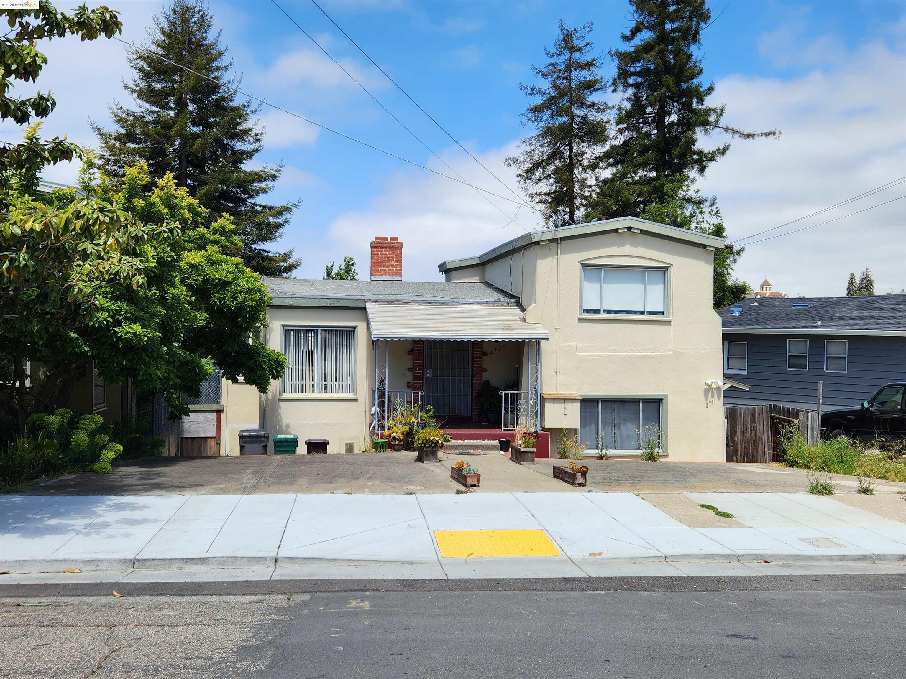 a view of the house with potted plants and a large tree