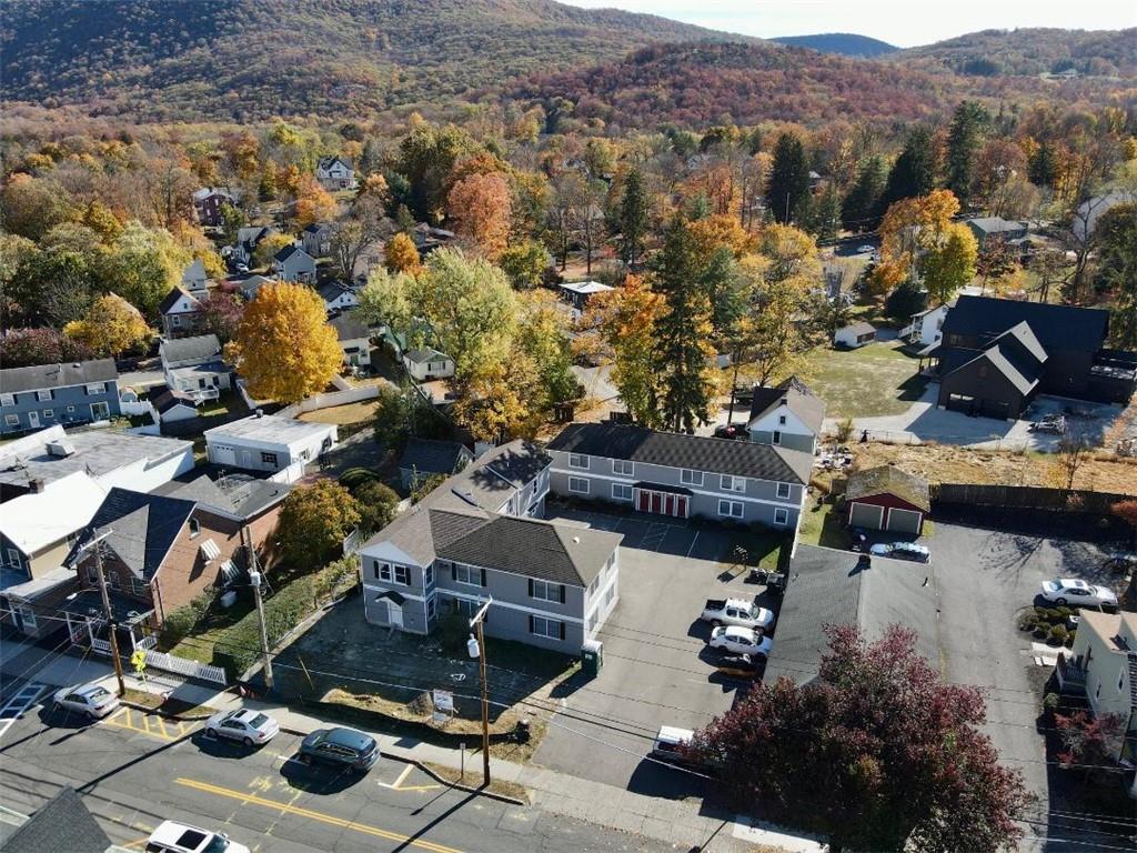 Drone/aerial view of complex by Hudson Street.