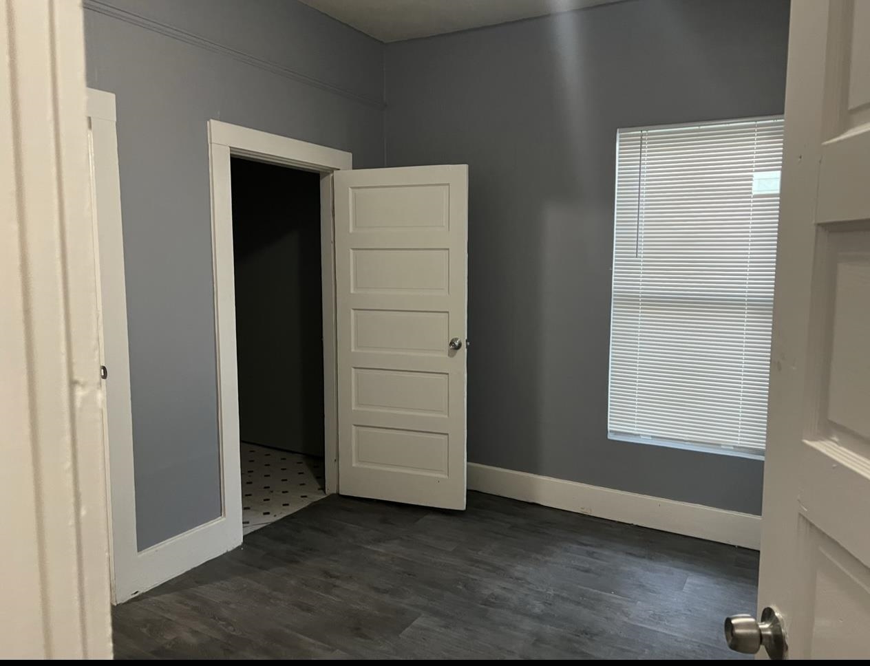 Unfurnished bedroom featuring dark hardwood / wood-style flooring and a closet