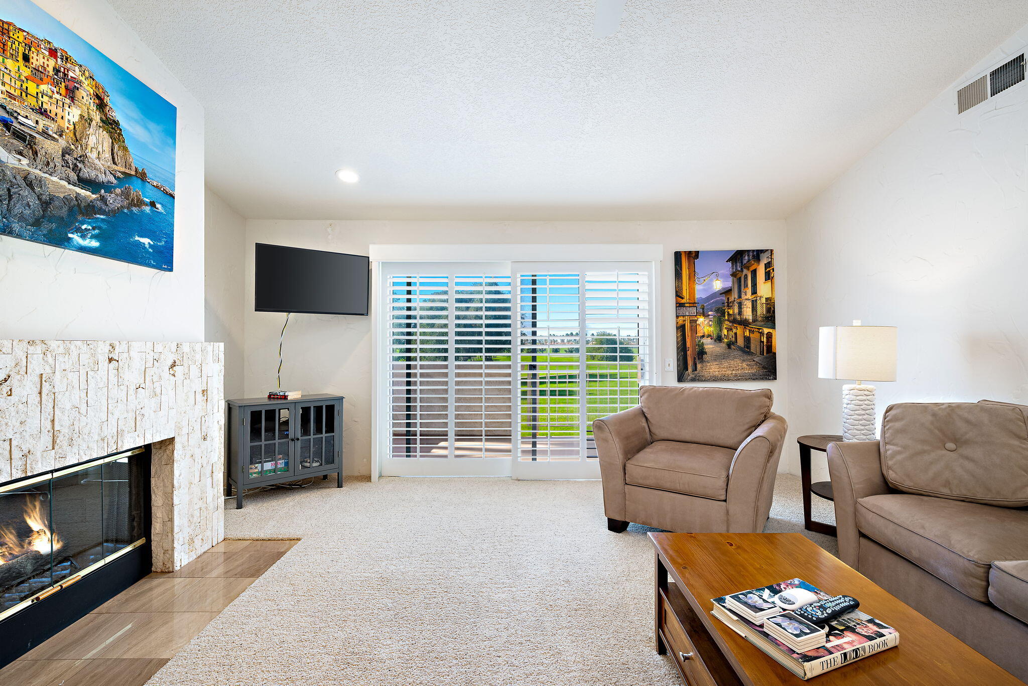 a living room with furniture a flat screen tv and a fireplace