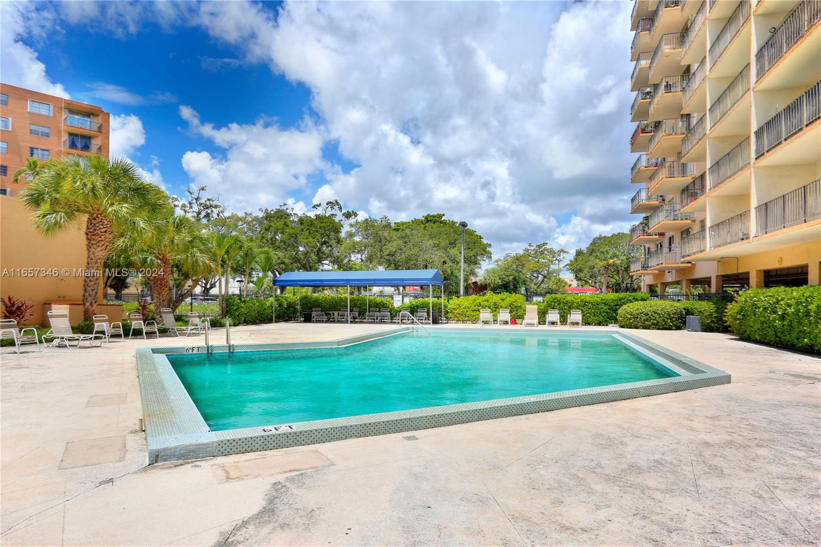 a view of yard with swimming pool and tall buildings in the background