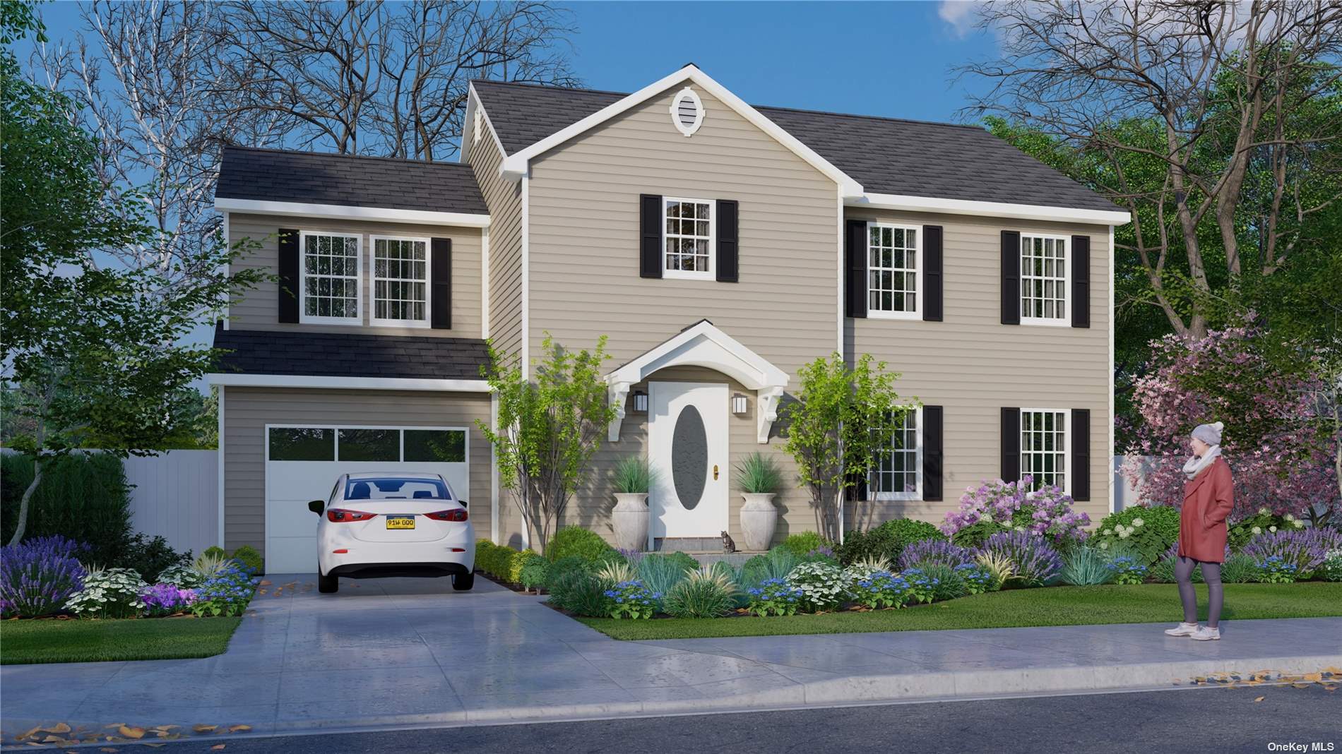 a front view of a house with a yard and potted plants