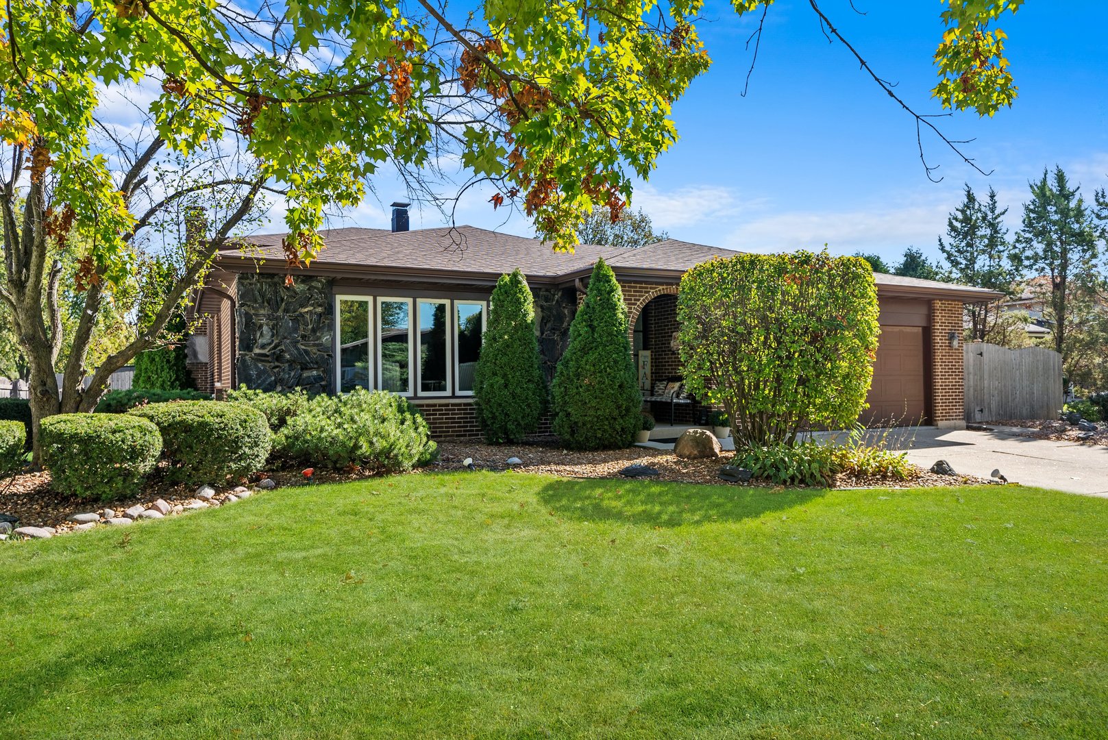 a view of a house with garden and a tree