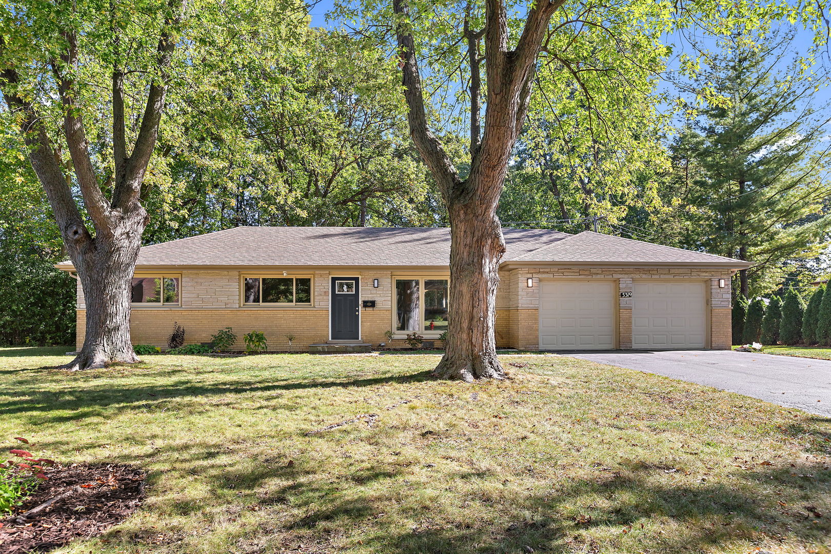 a front view of a house with a yard and large trees