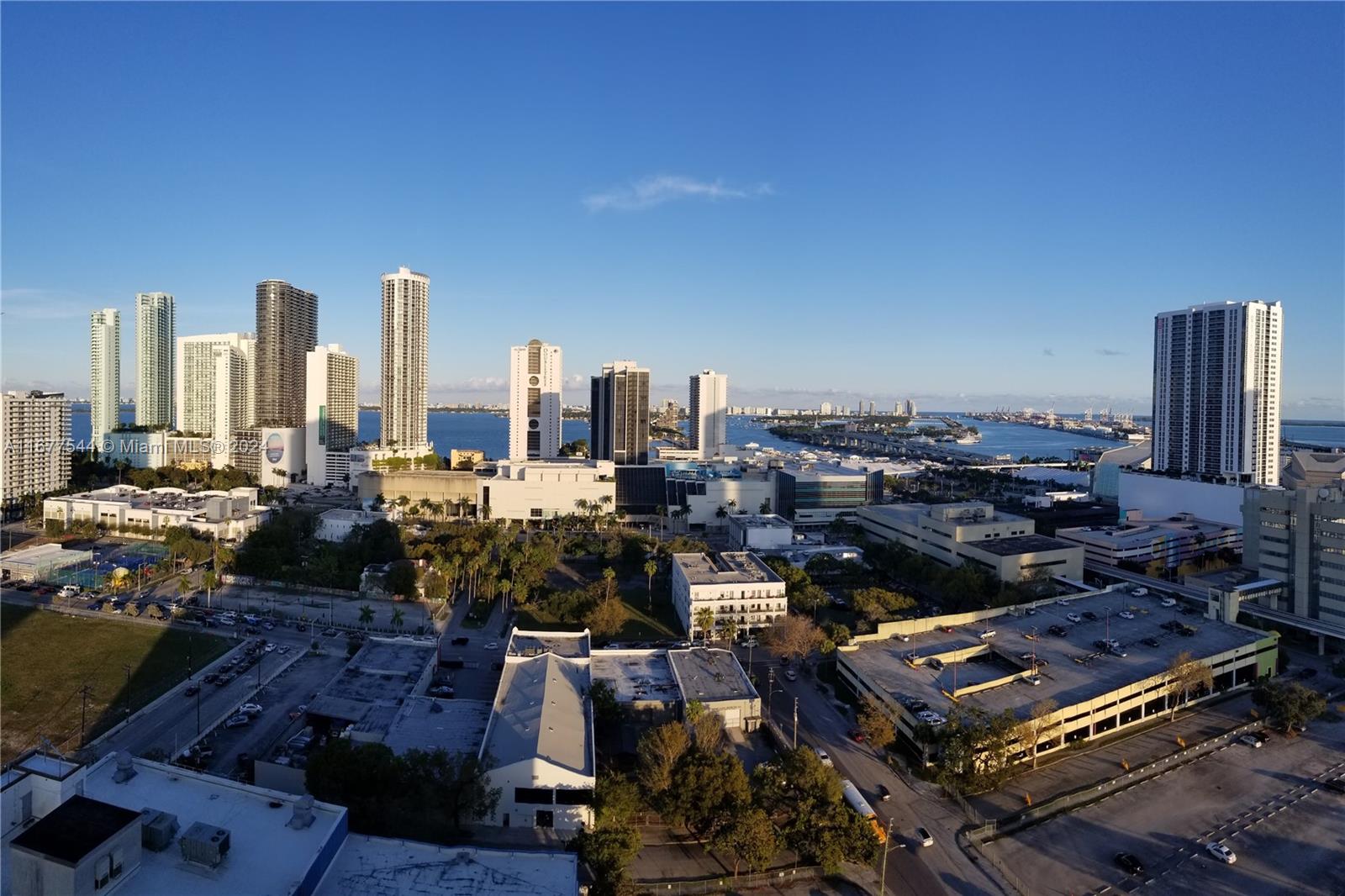 a city view with tall buildings