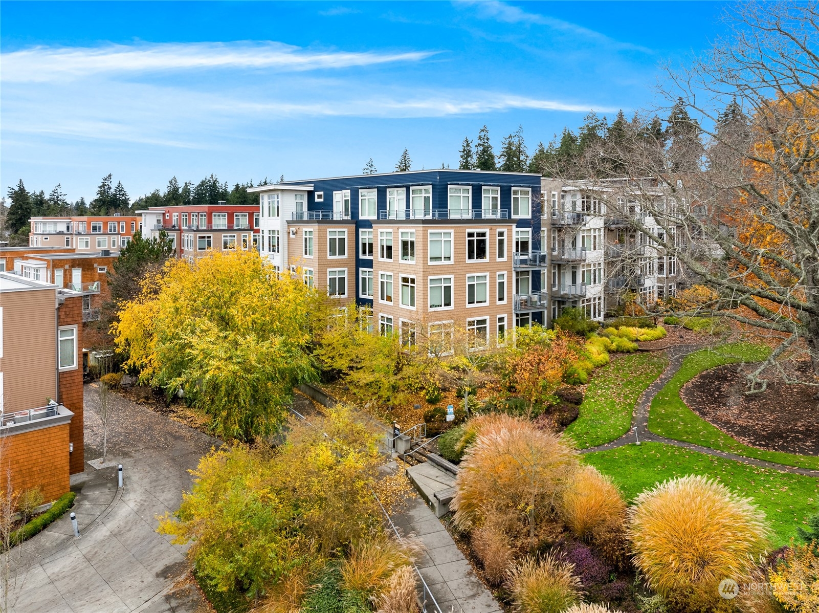 a view of a city with lawn chairs