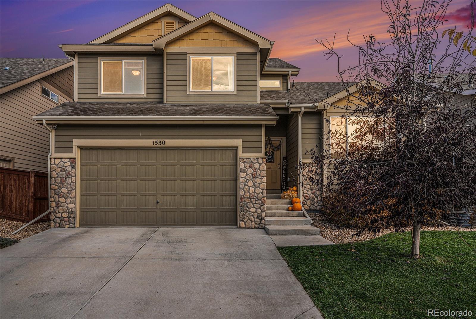 a front view of a house with a yard and garage