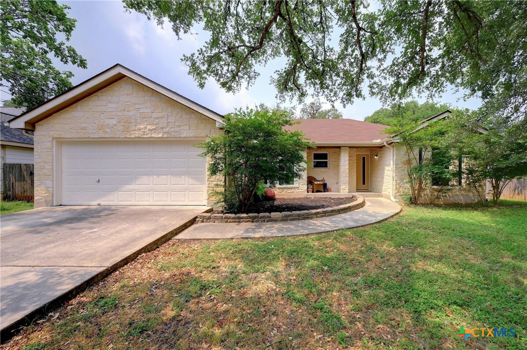 a view of a house with a yard and large tree